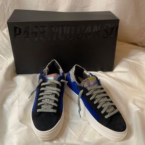 NWOT, P448 blue genuine calf hair platform sneakers, size 38, never worn